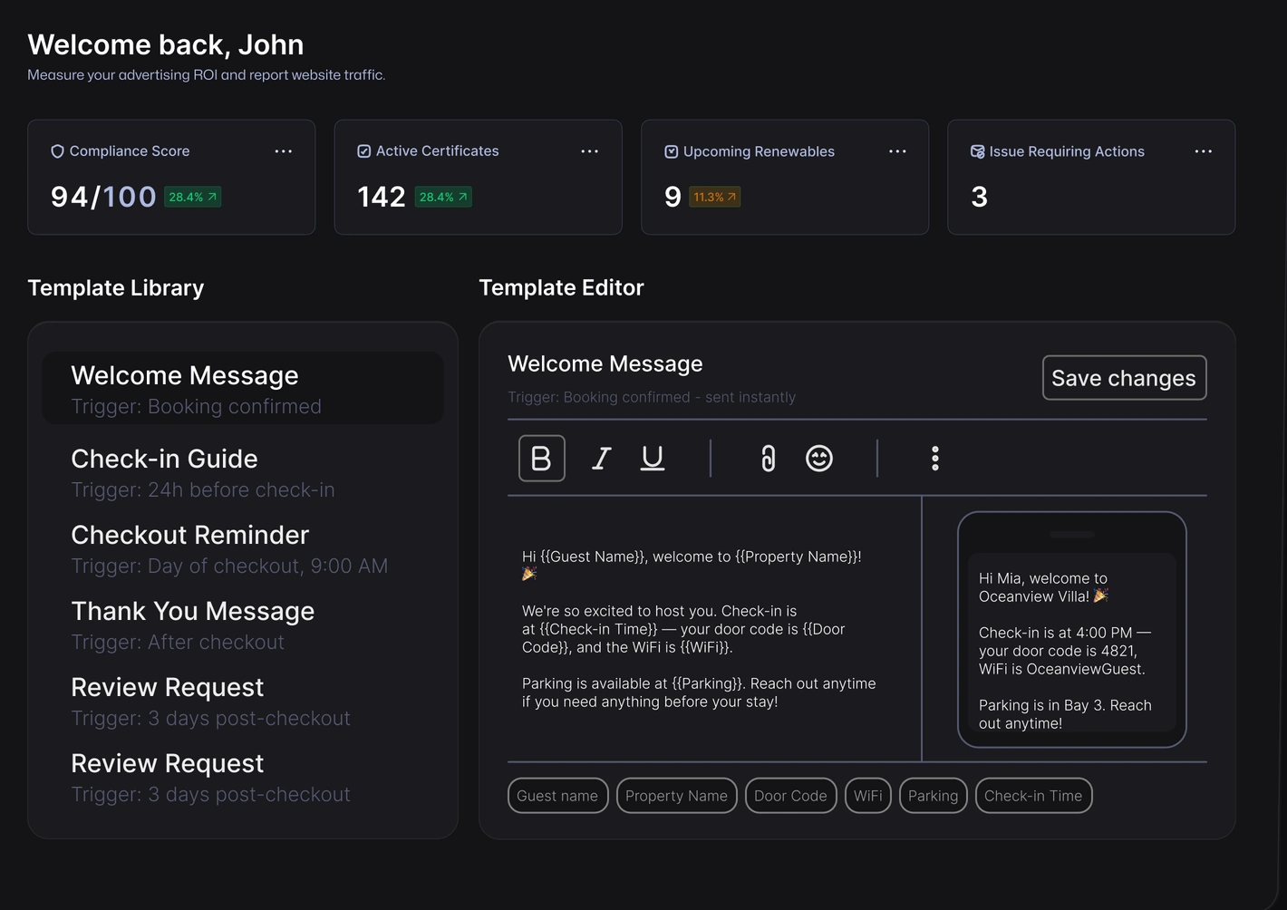 Automated template: message template library and editor