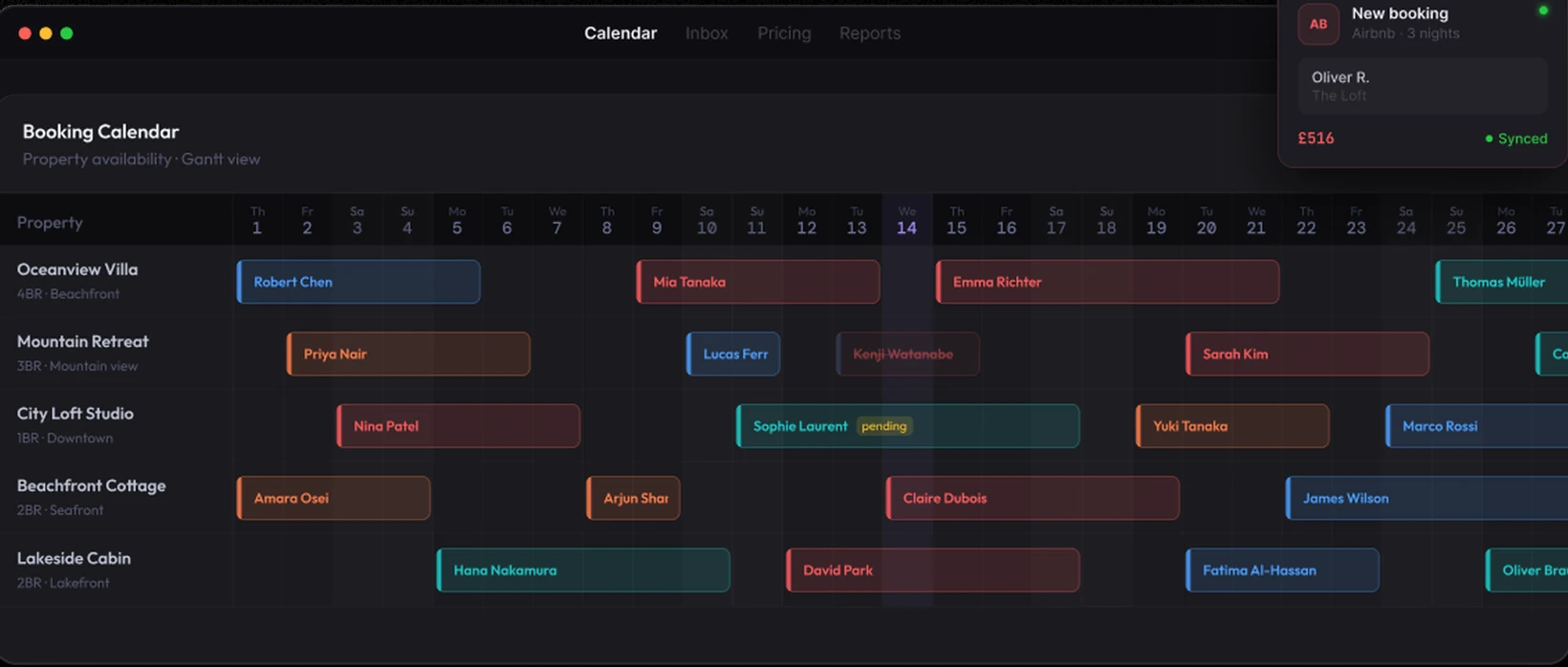 PropertyFlow booking calendar showing synced reservations across properties and channels