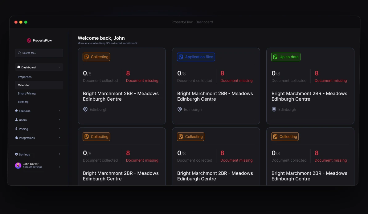 PropertyFlow compliance dashboard showing document collection status across properties