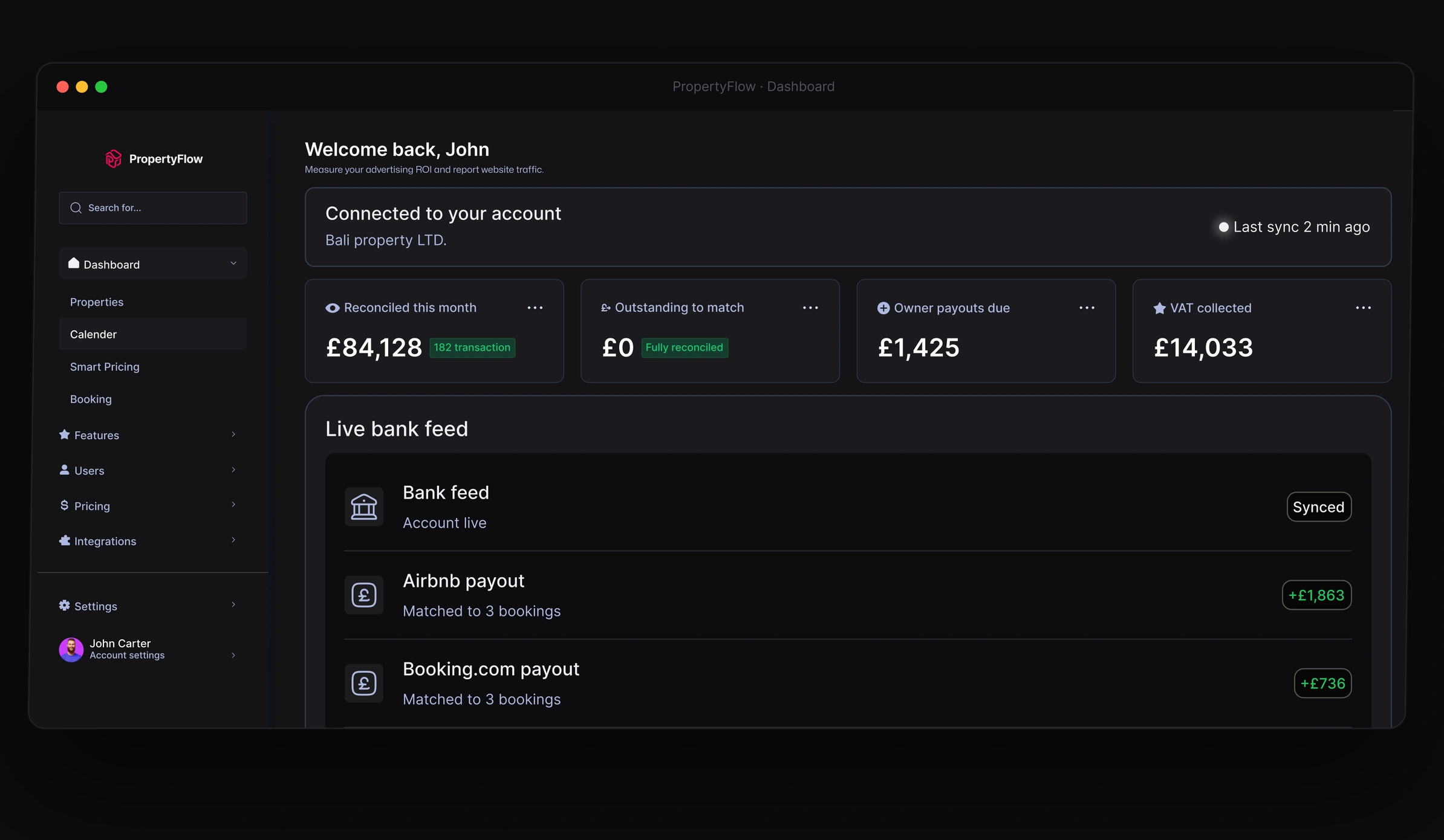 PropertyFlow financials dashboard showing reconciled totals, owner payouts due and channel payouts matched to bookings
