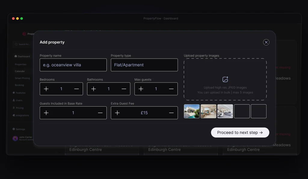 PropertyFlow dashboard showing revenue, bookings and channel breakdown