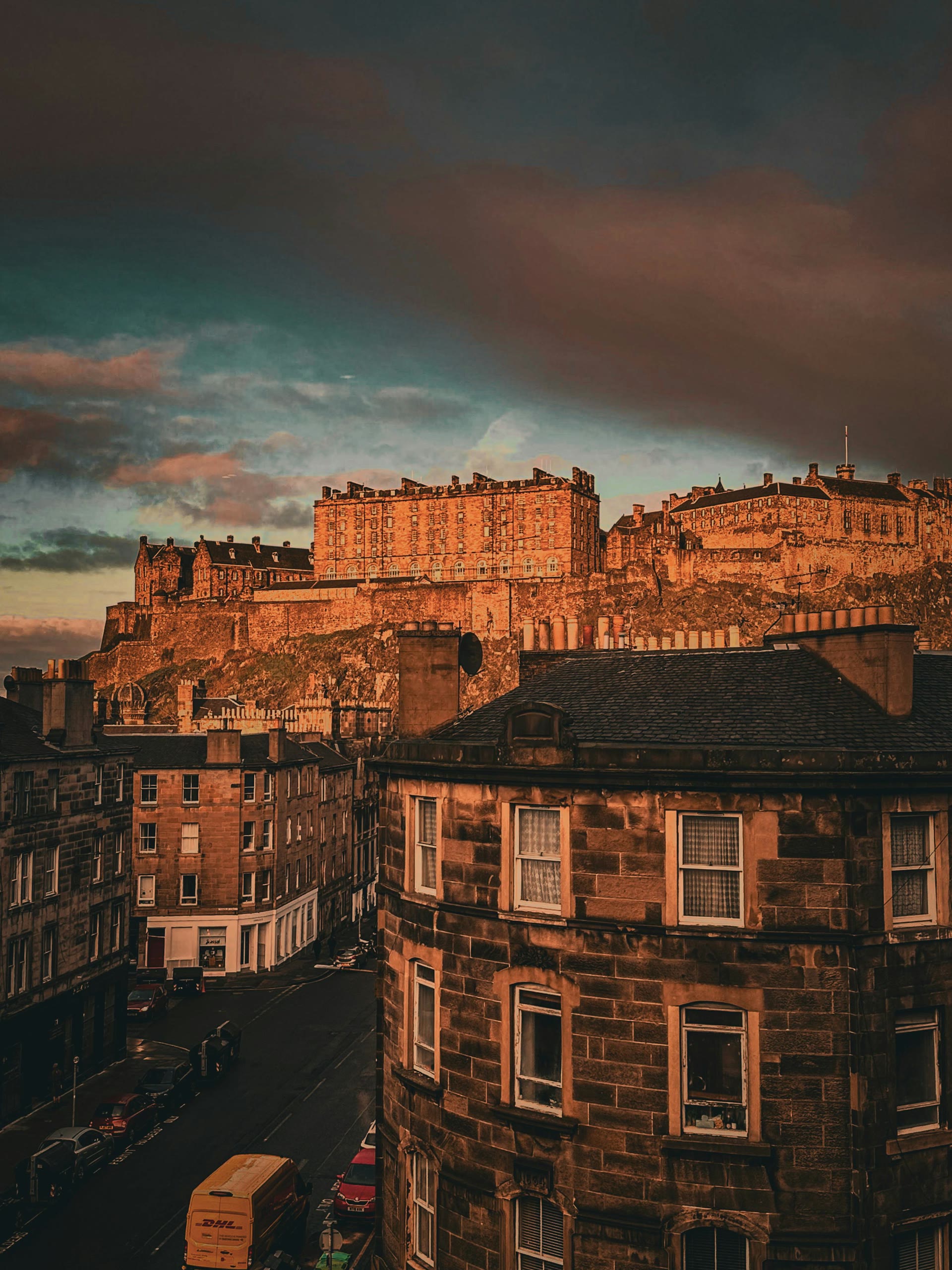 Edinburgh Castle at sunset from Grassmarket